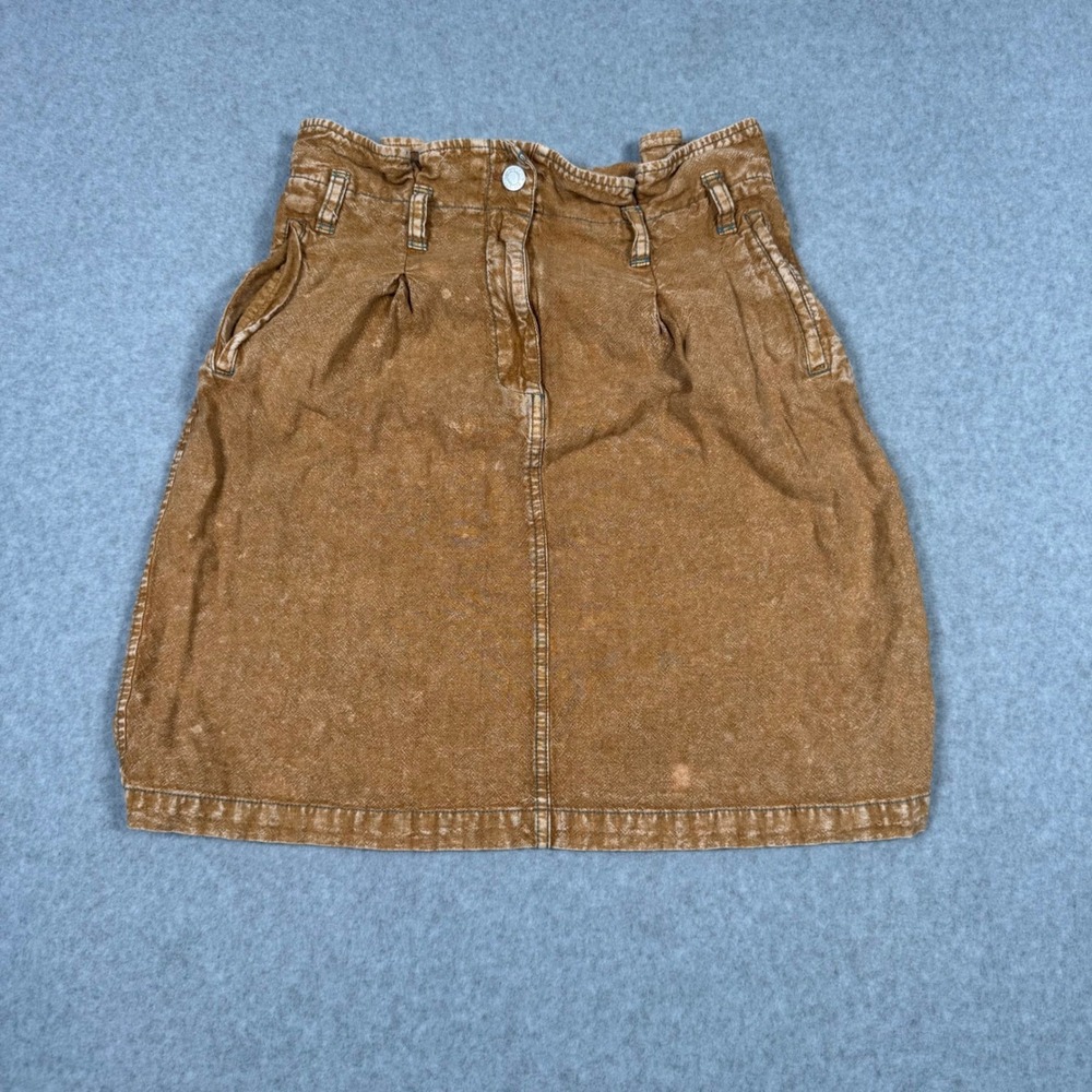Anthropologie Pilcro Brown Acid Wash Paperbag High Ruffle Waist Skirt Size 4